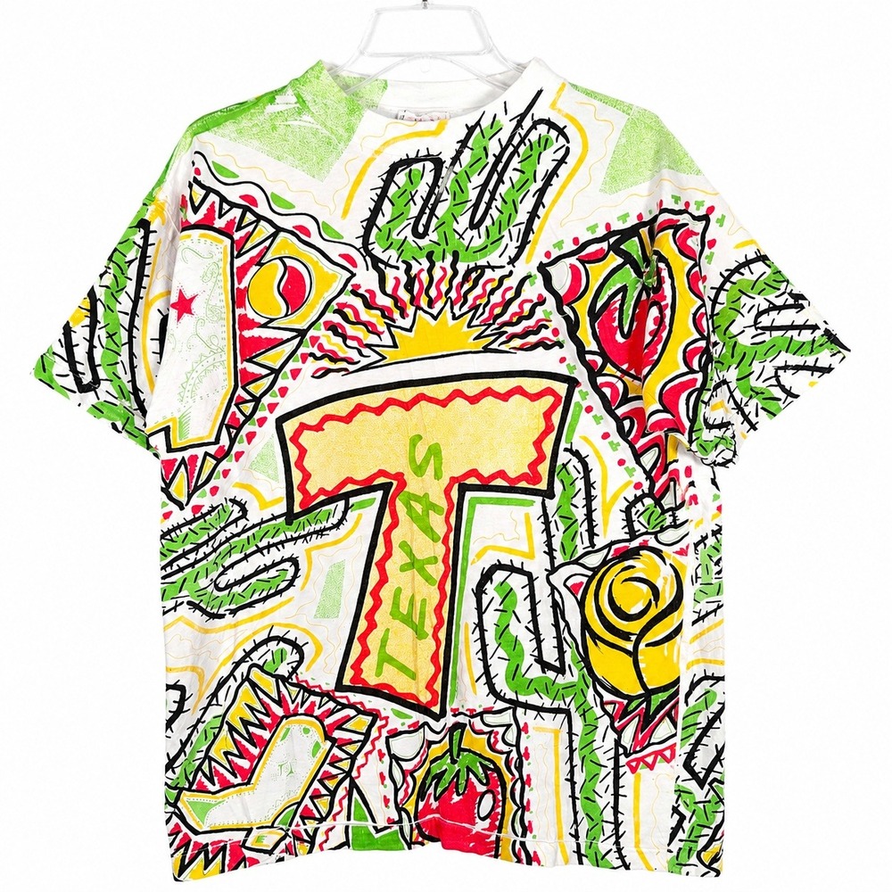 VTG Bound T-Shirt Mens L White Texas AOP 90s Streetwear Graphic Maximalist Retro